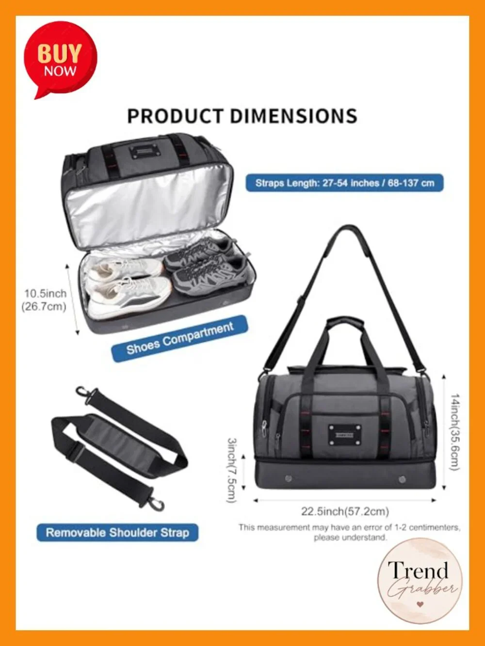 55L Nylon Travel Duffle Bag with Shoe Compartment
